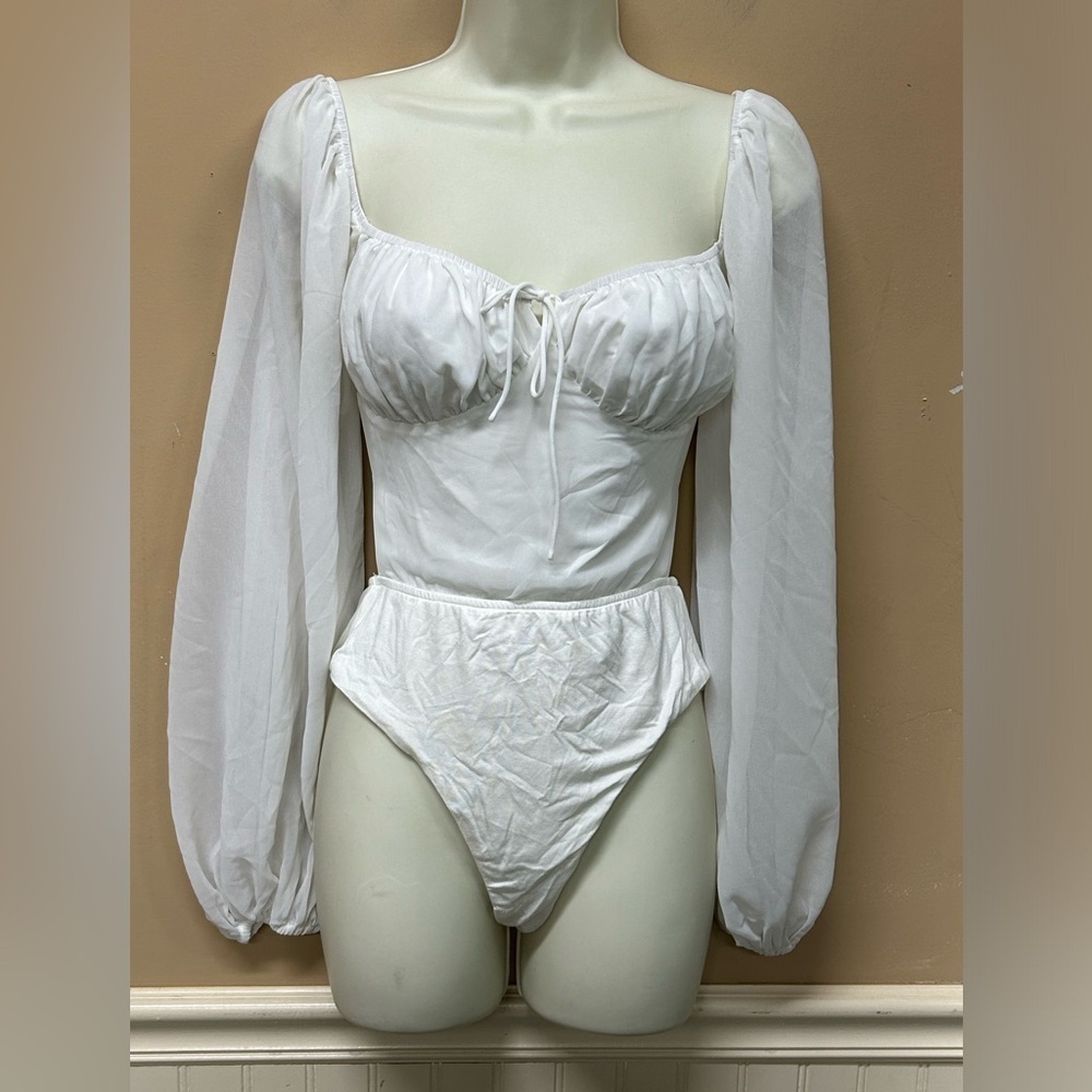 Sabo Sorrell Bodysuit White Long Sleeve Tie Back Boho Festival Size XS NWT